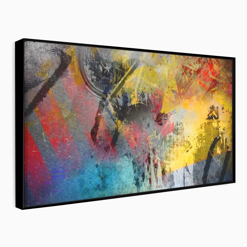 Tablou canvas cu pictura abstracta cu pete vibrante, in rama de aluminiu negru